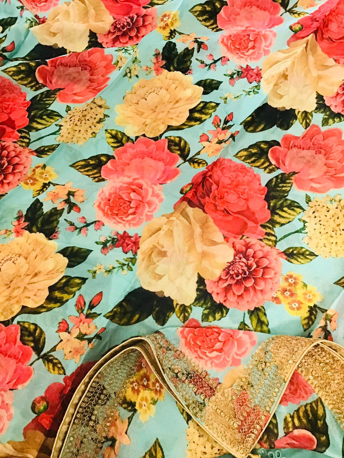 Pure Georgette Printed Embroidered Suit - Blue