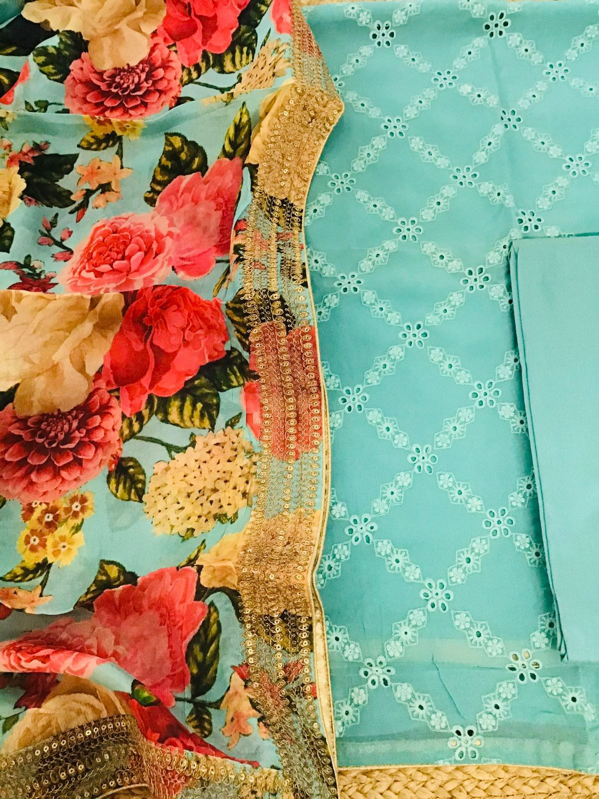 Pure Georgette Printed Embroidered Suit - Blue