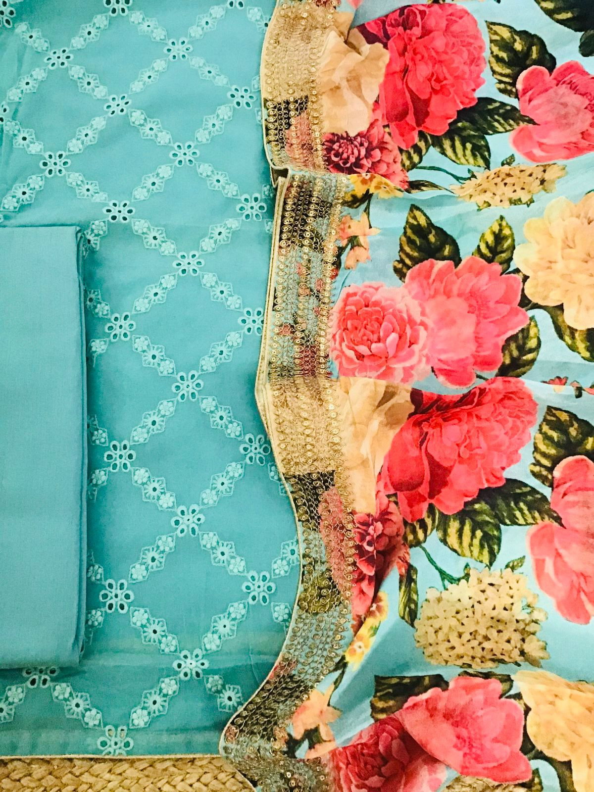 Pure Georgette Printed Embroidered Suit - Blue