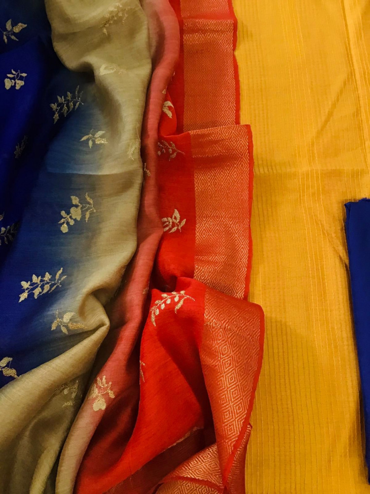 Image of Pure Chanderi Embroidered Suit - Yellow