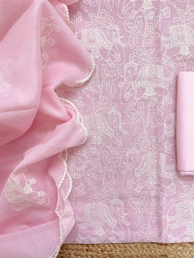 Image of Pure Tissue Kota Silk Embroidered Suit - Pink