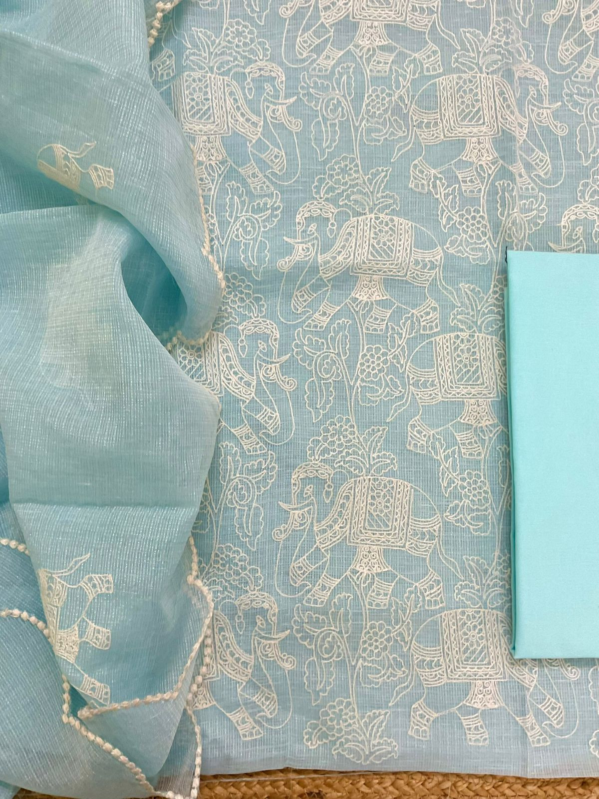 Pure Tissue Kota Silk Embroidered Suit - Blue