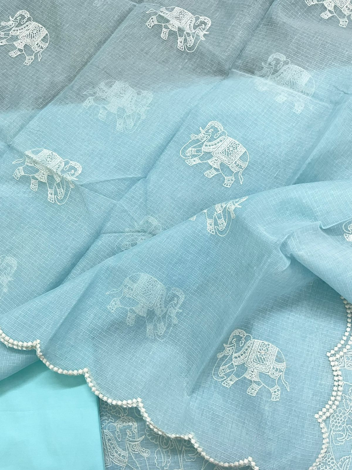 Pure Tissue Kota Silk Embroidered Suit - Blue