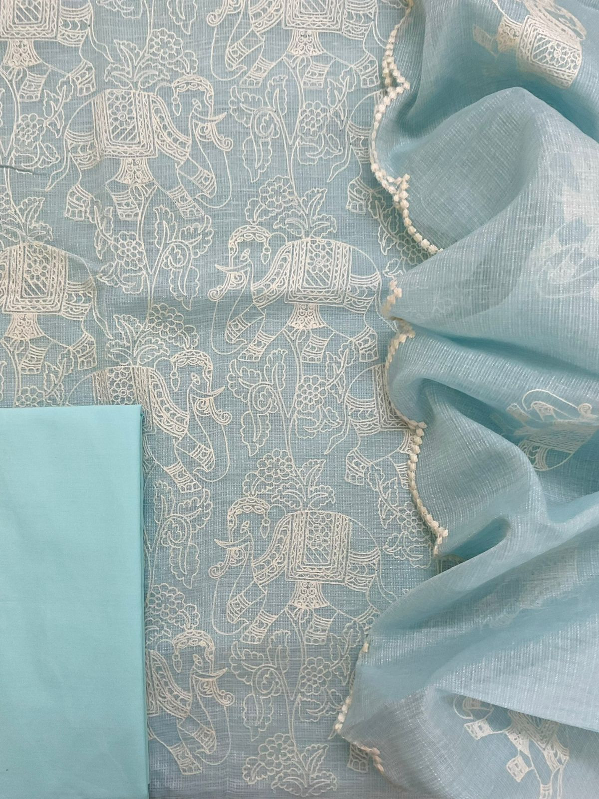 Pure Tissue Kota Silk Embroidered Suit - Blue