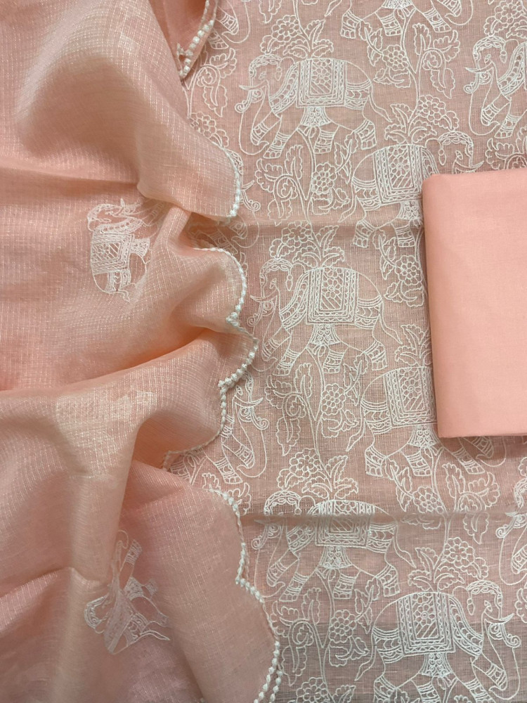 Image of Pure Tissue Kota Silk Embroidered Suit - Peach