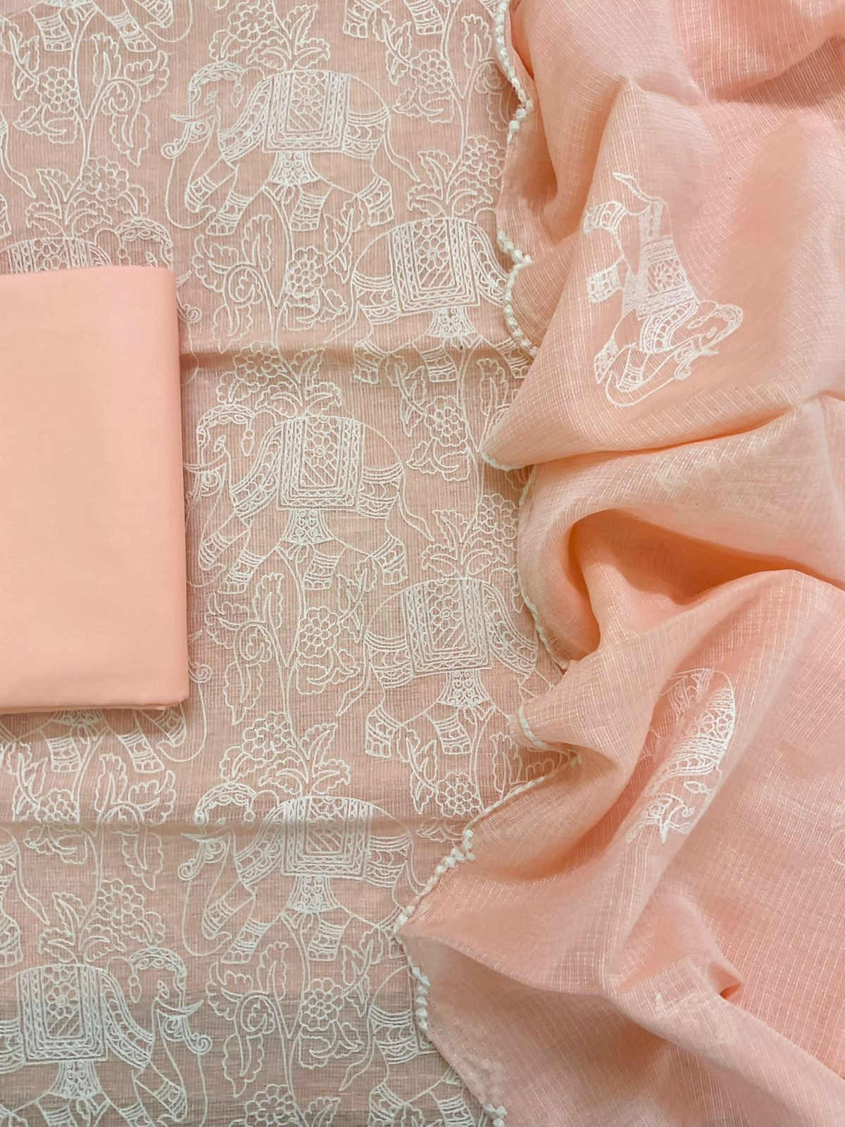 Pure Tissue Kota Silk Embroidered Suit - Peach