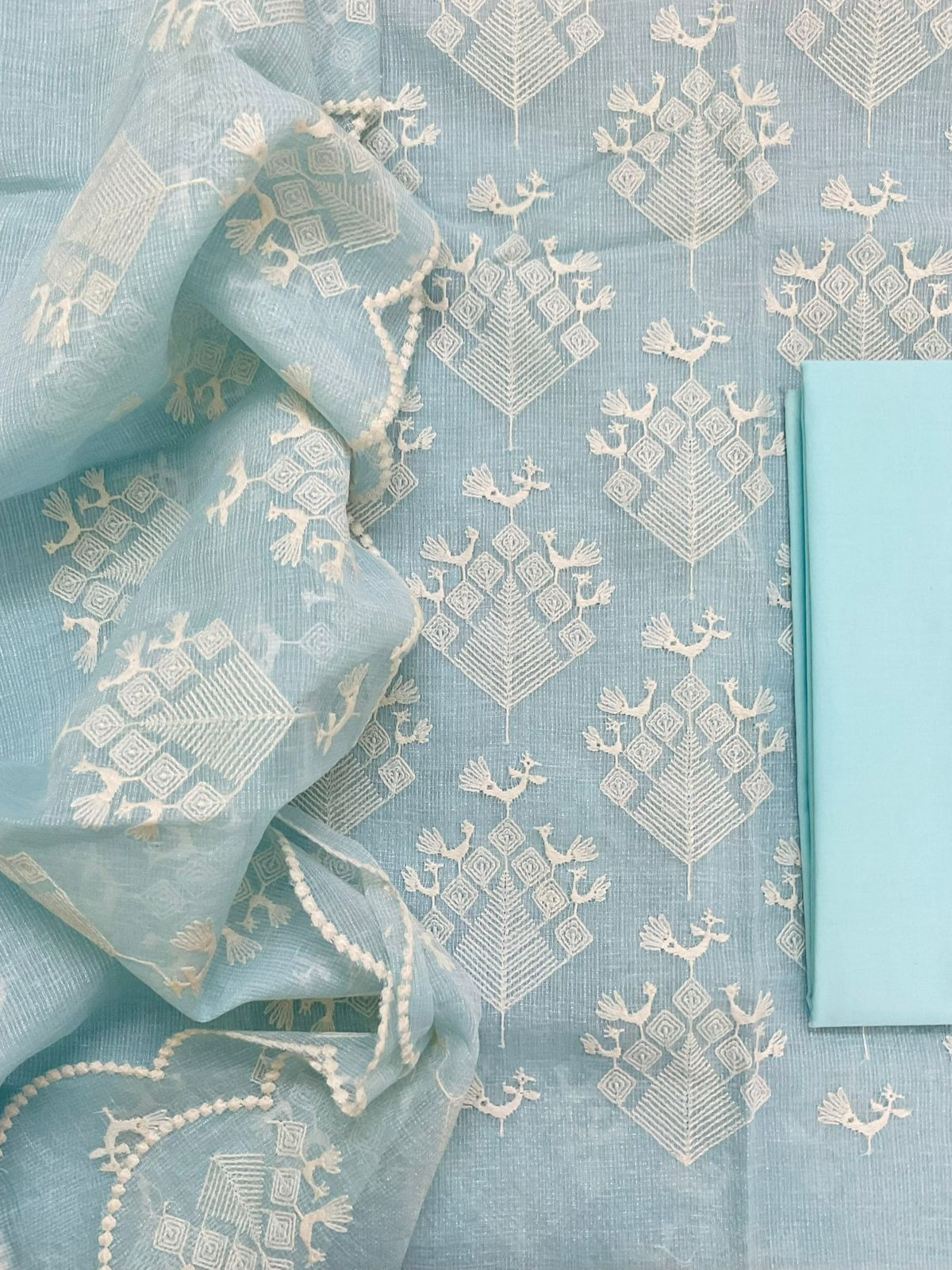 Pure Tissue Kota Silk Embroidered Suit - Blue