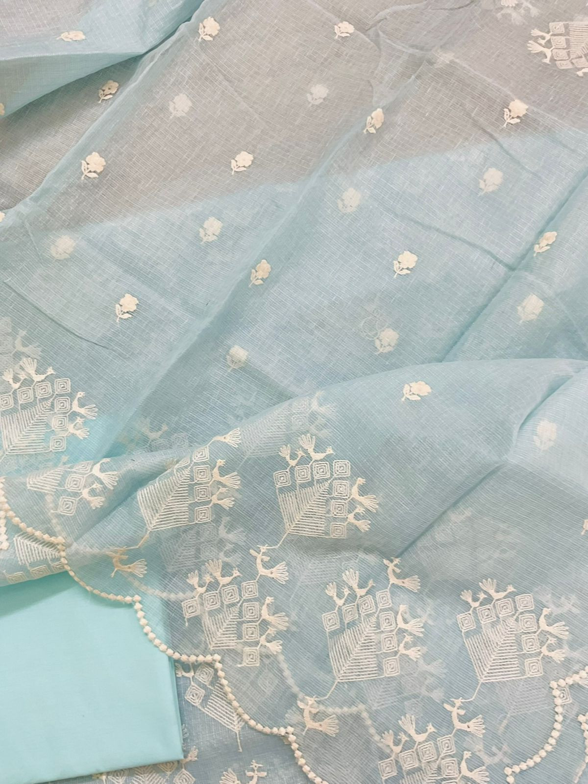 Pure Tissue Kota Silk Embroidered Suit - Blue