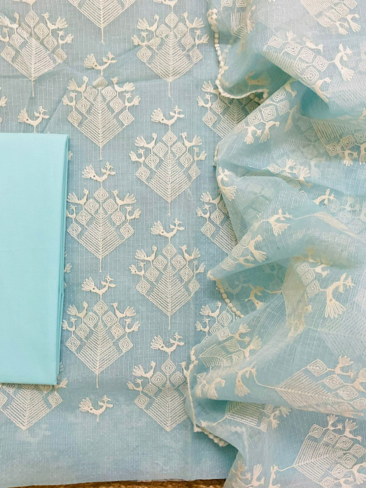 Pure Tissue Kota Silk Embroidered Suit - Blue