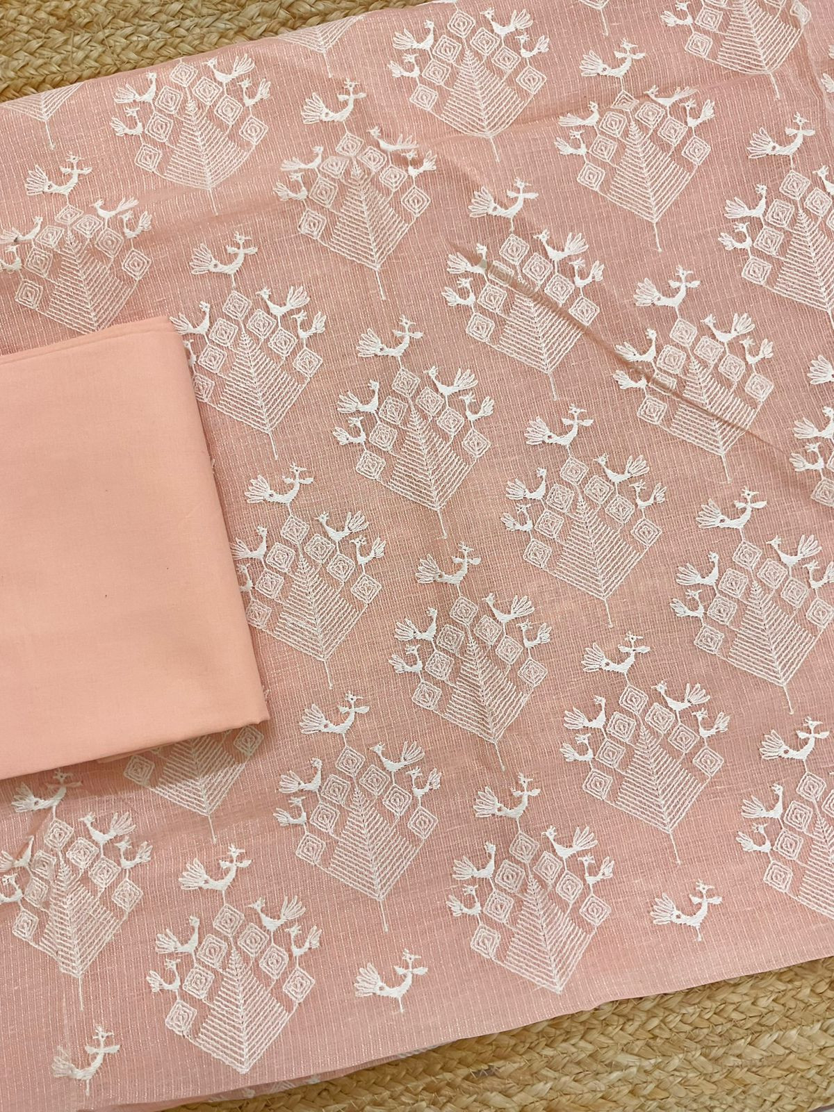 Pure Tissue Kota Silk Embroidered Suit - Peach