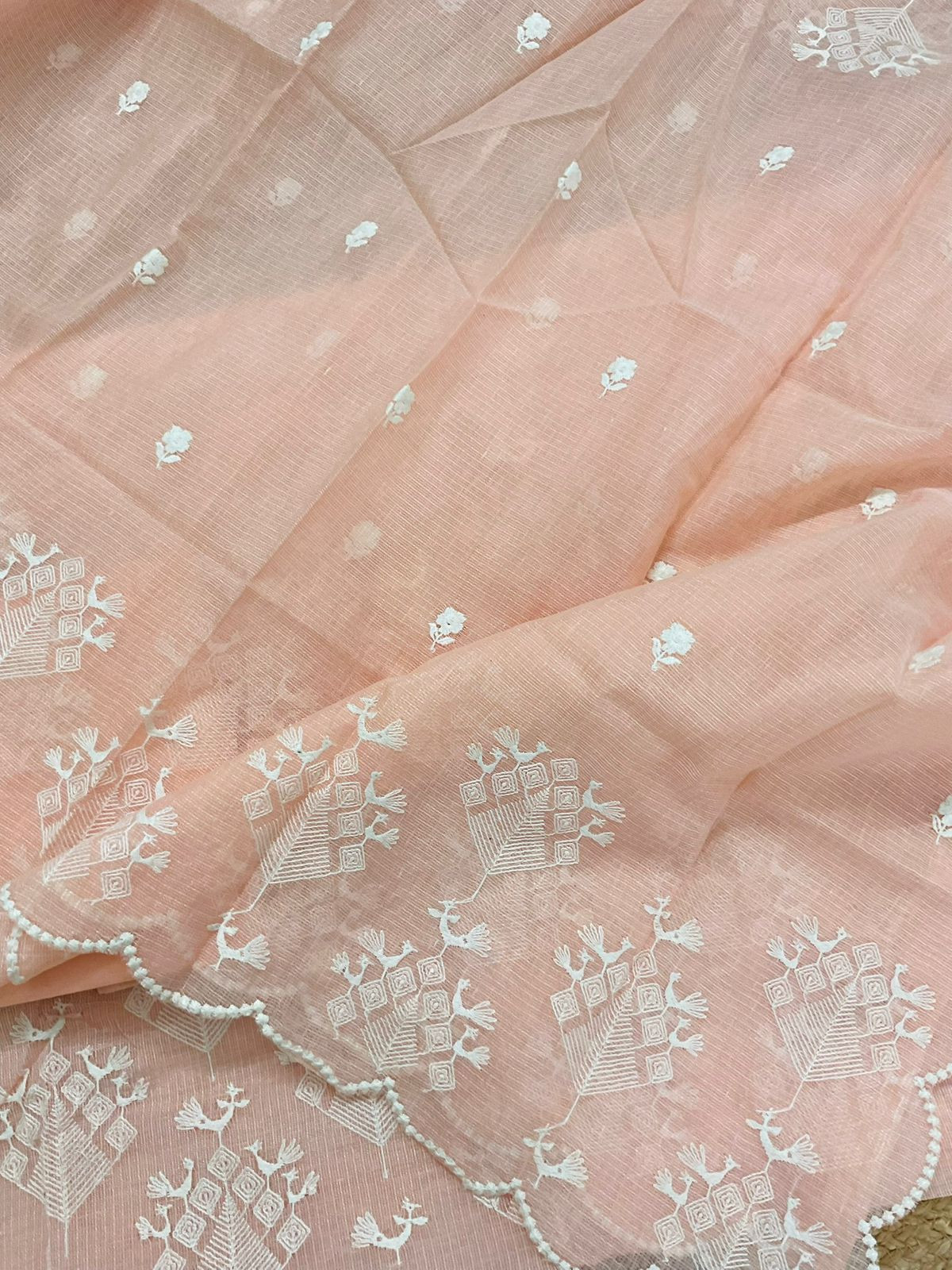 Pure Tissue Kota Silk Embroidered Suit - Peach
