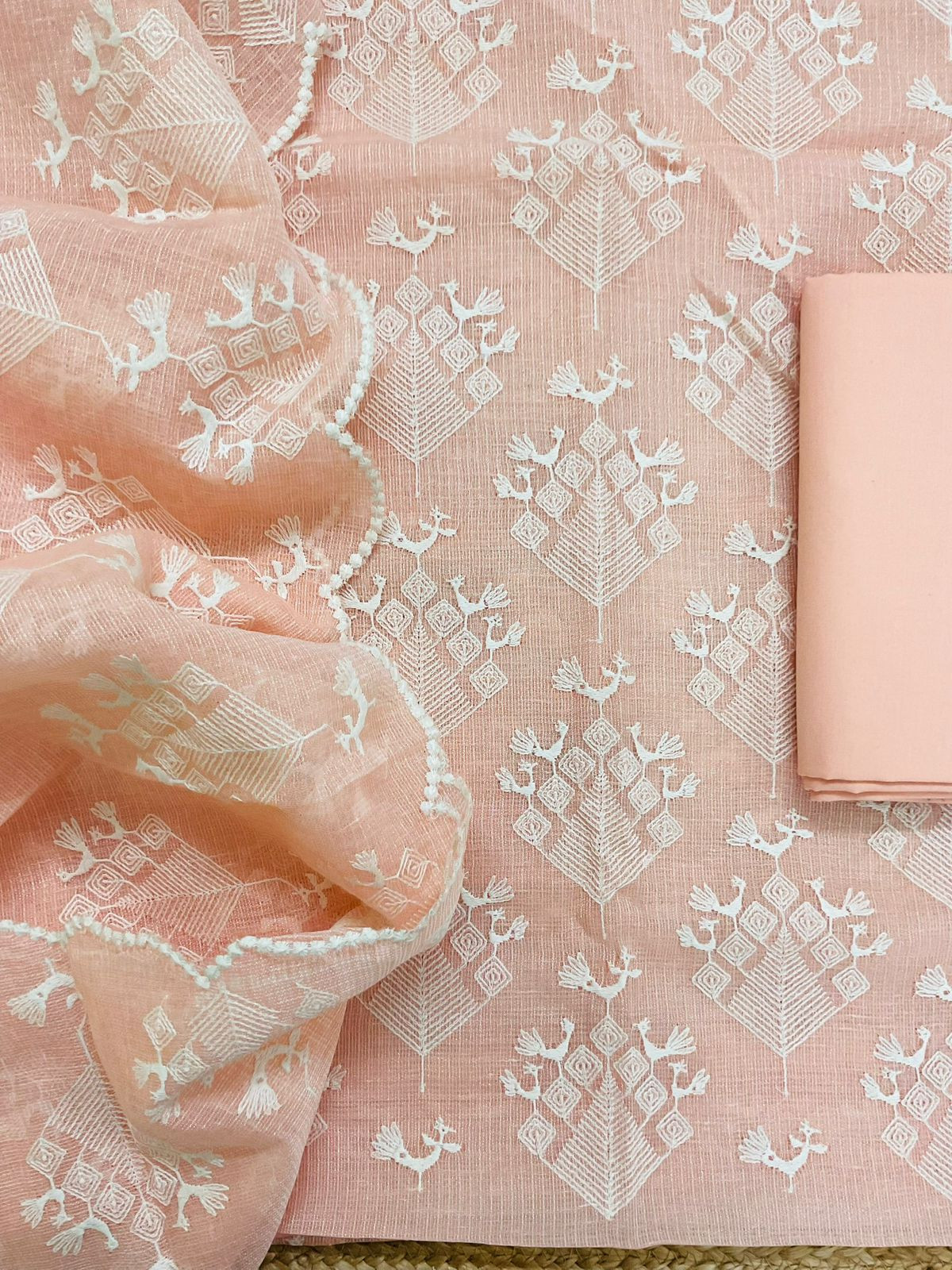 Pure Tissue Kota Silk Embroidered Suit - Peach