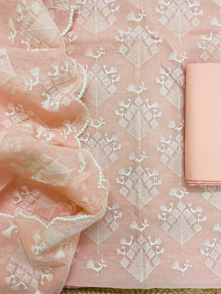 Image of Pure Tissue Kota Silk Embroidered Suit - Peach