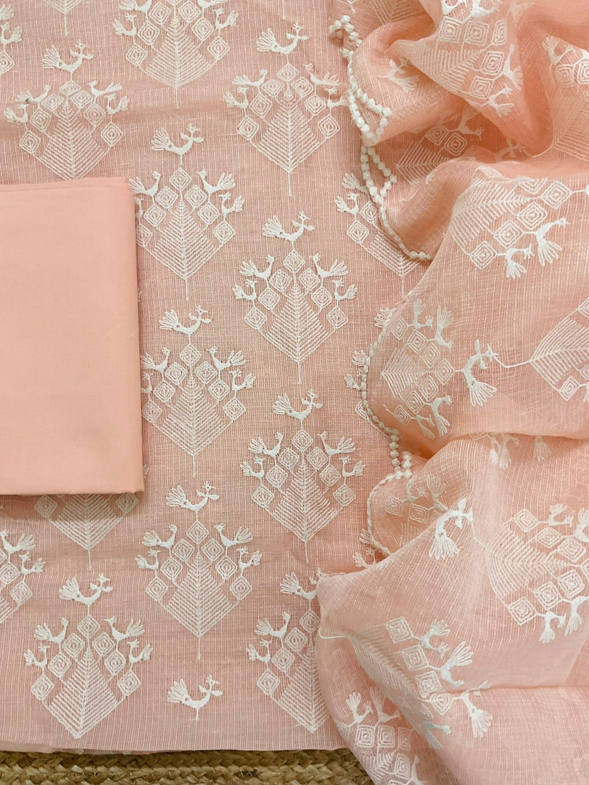 Pure Tissue Kota Silk Embroidered Suit - Peach
