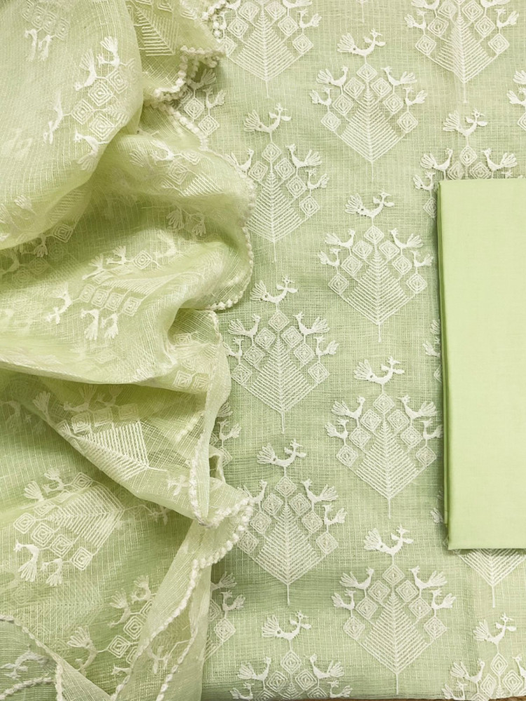 Image of Pure Tissue Kota Silk Embroidered Suit - Green
