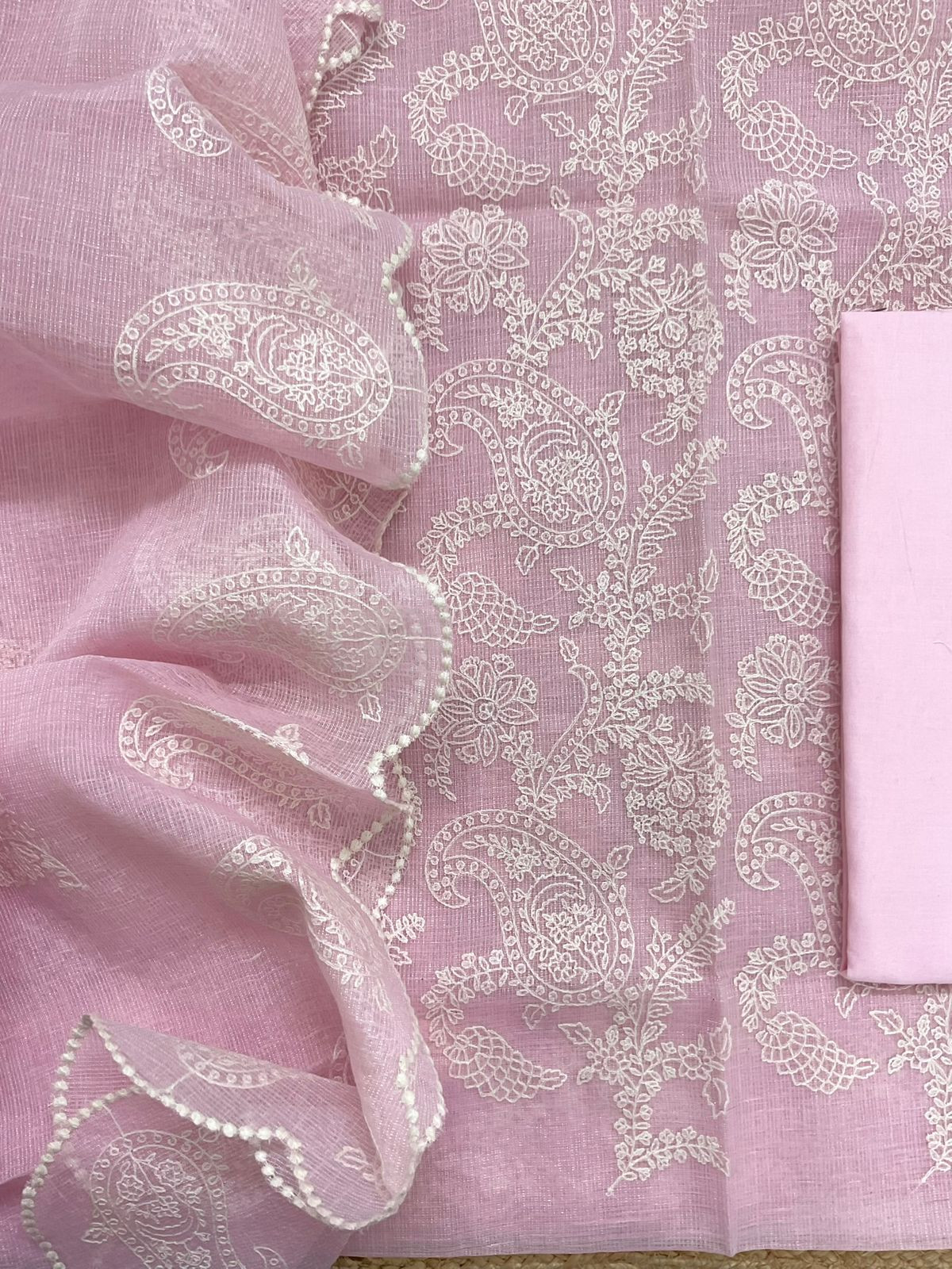 Pure Tissue Kota Silk Embroidered Suit - Pink