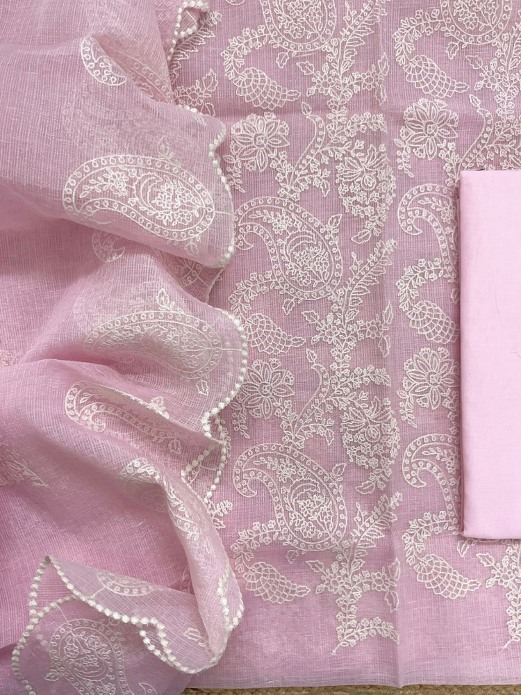 Image of Pure Tissue Kota Silk Embroidered Suit - Pink