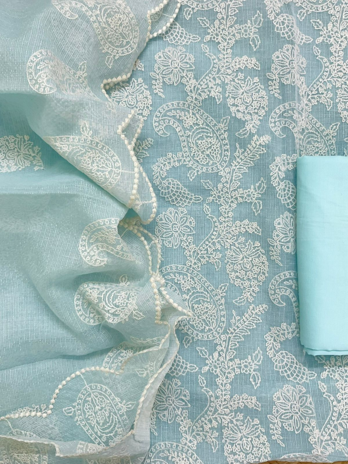 Pure Tissue Kota Silk Embroidered Suit - Blue