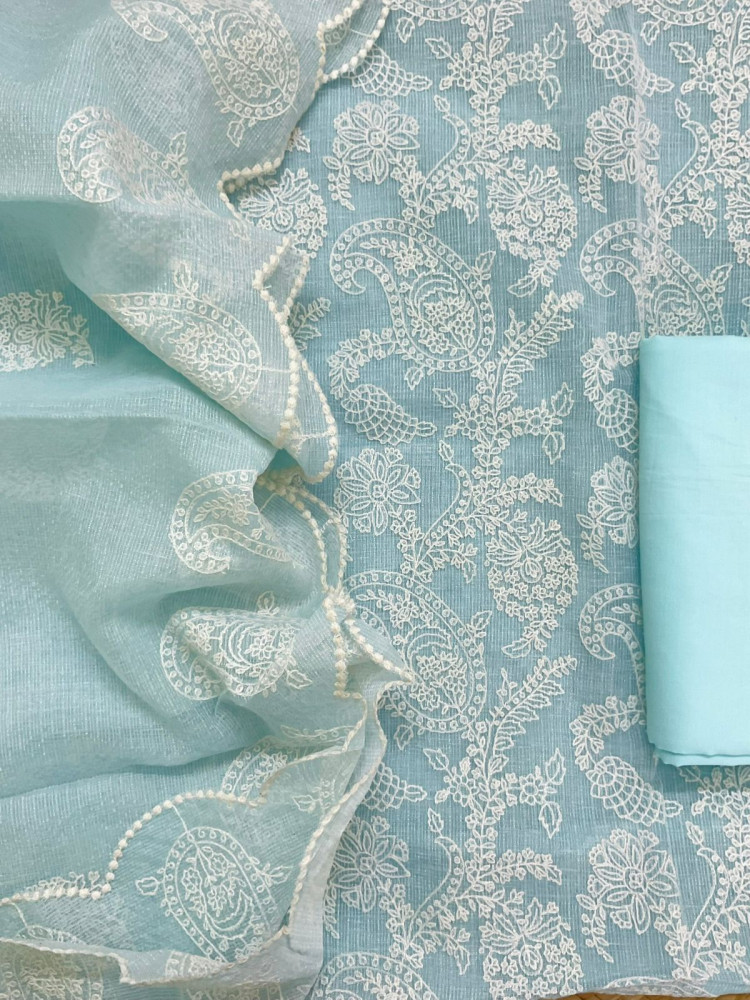 Image of Pure Tissue Kota Silk Embroidered Suit - Blue