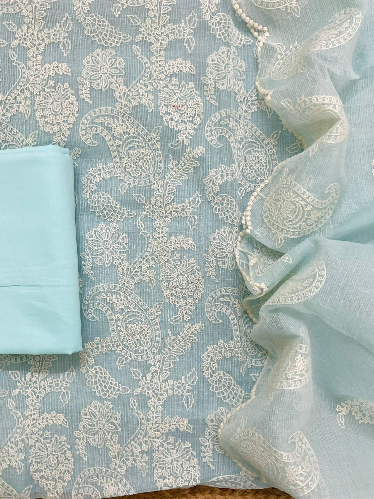 Pure Tissue Kota Silk Embroidered Suit - Blue