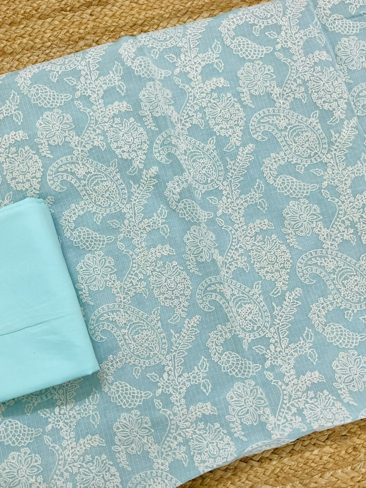 Pure Tissue Kota Silk Embroidered Suit - Blue