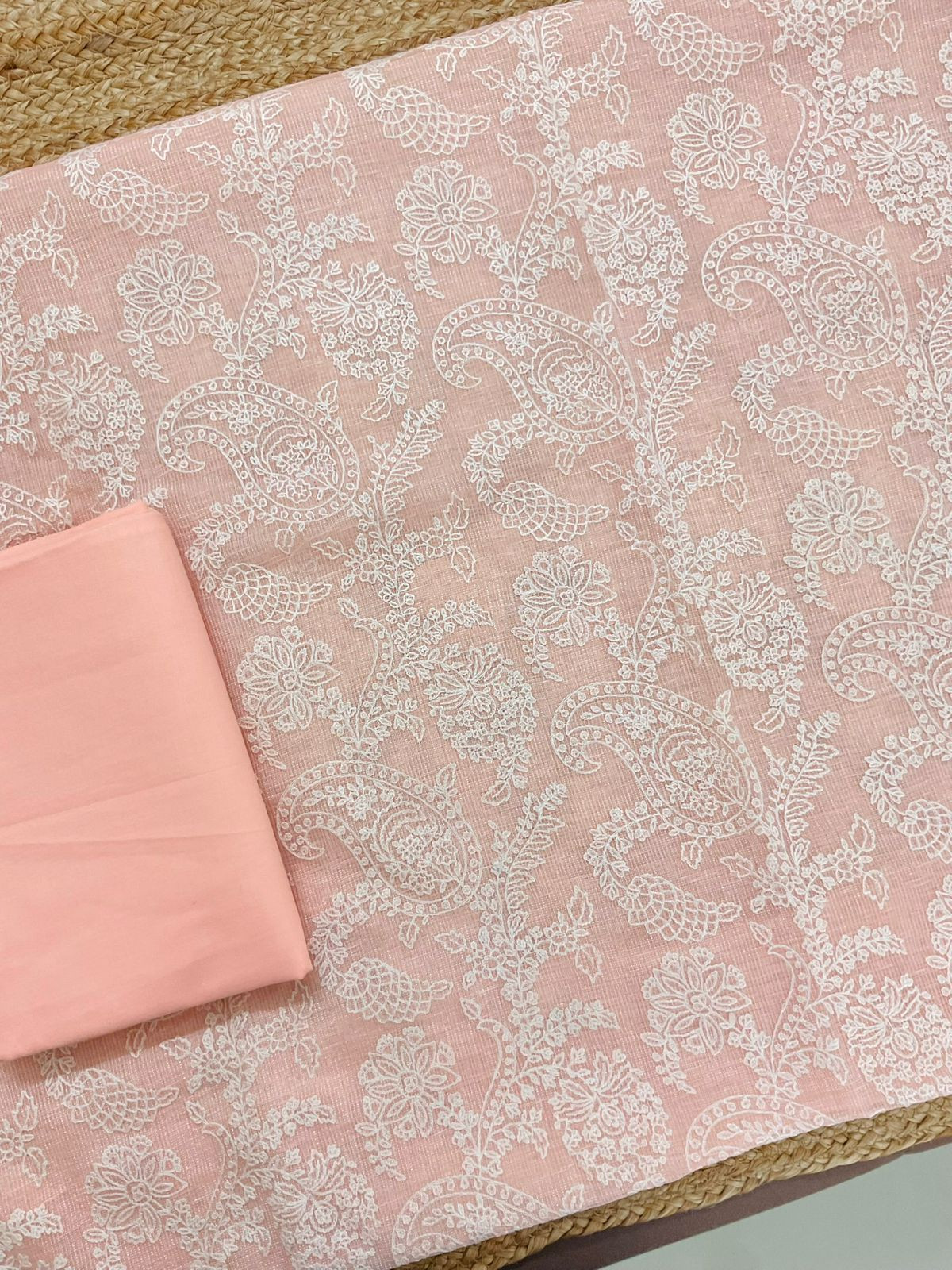 Pure Tissue Kota Silk Embroidered Suit - Peach