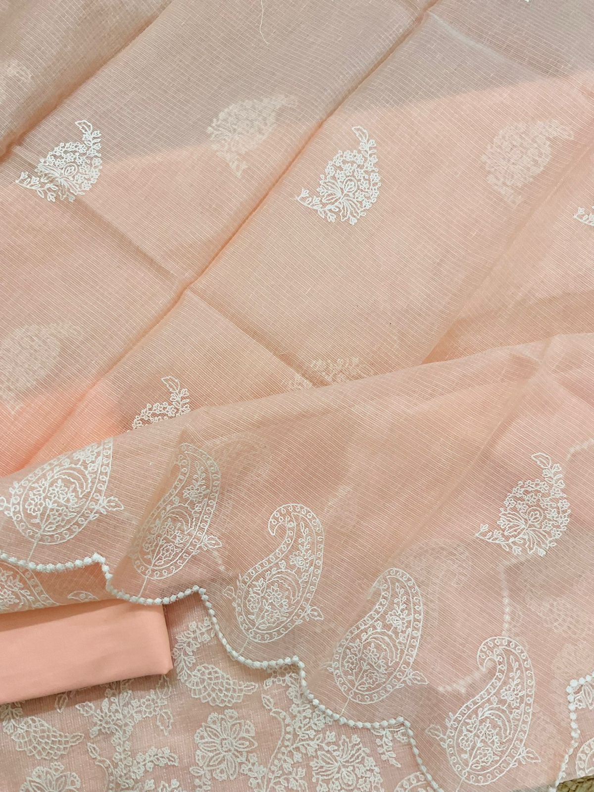 Pure Tissue Kota Silk Embroidered Suit - Peach