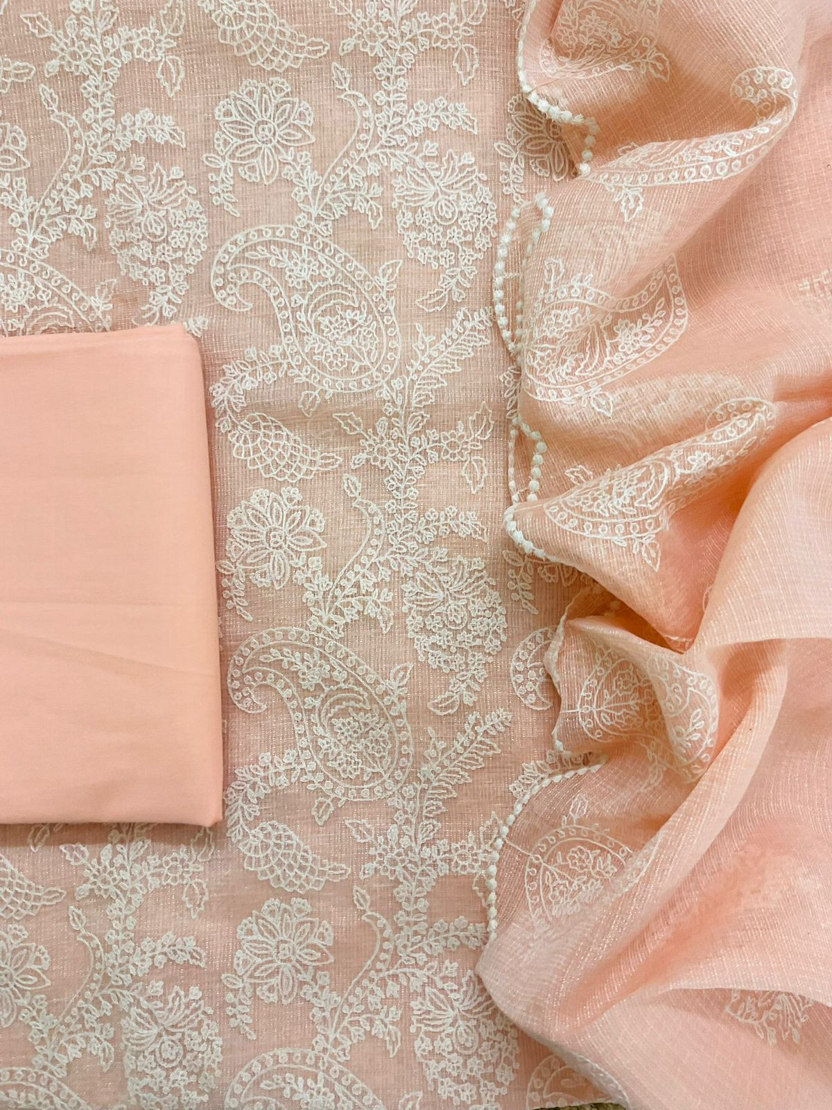 Pure Tissue Kota Silk Embroidered Suit - Peach