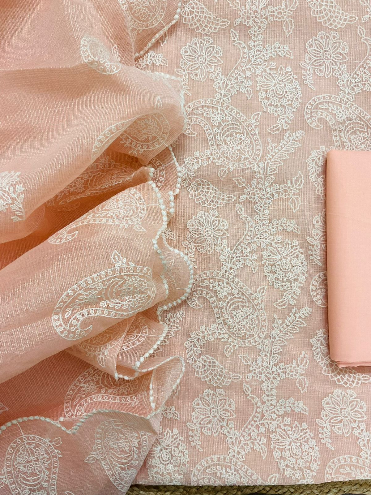 Pure Tissue Kota Silk Embroidered Suit - Peach