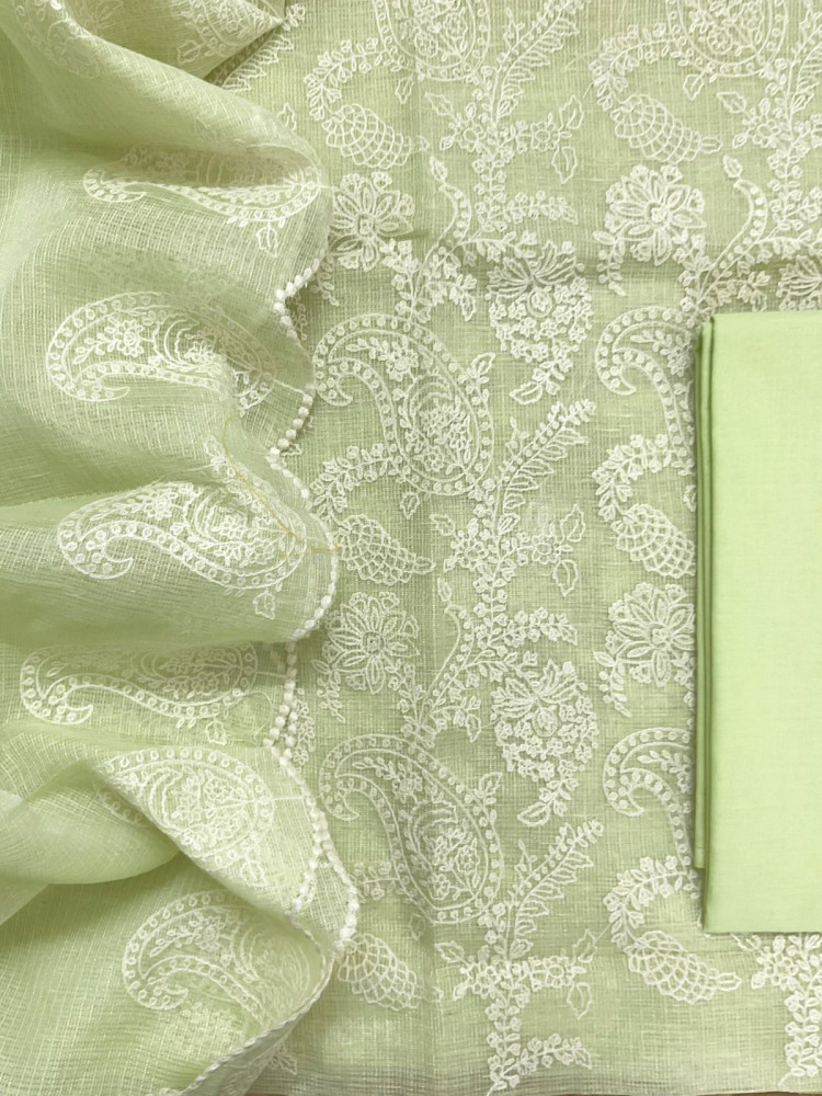Image of Pure Tissue Kota Silk Embroidered Suit - Green