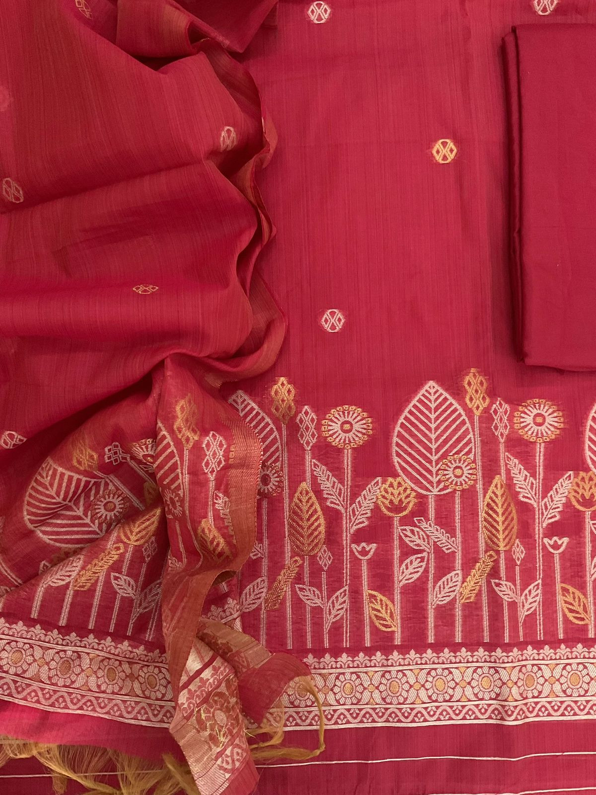 Soft Kora Chanderi Jamdani Weaved Suit - Red