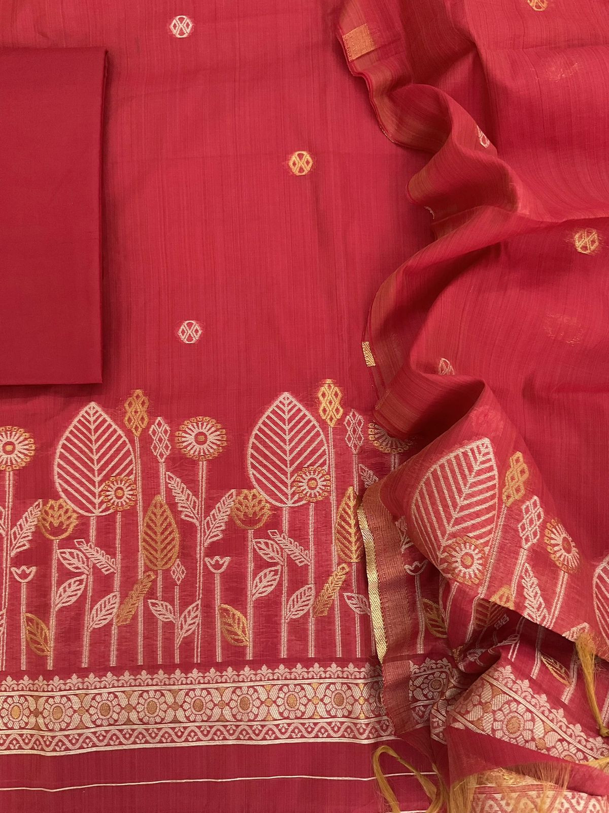 Soft Kora Chanderi Jamdani Weaved Suit - Red