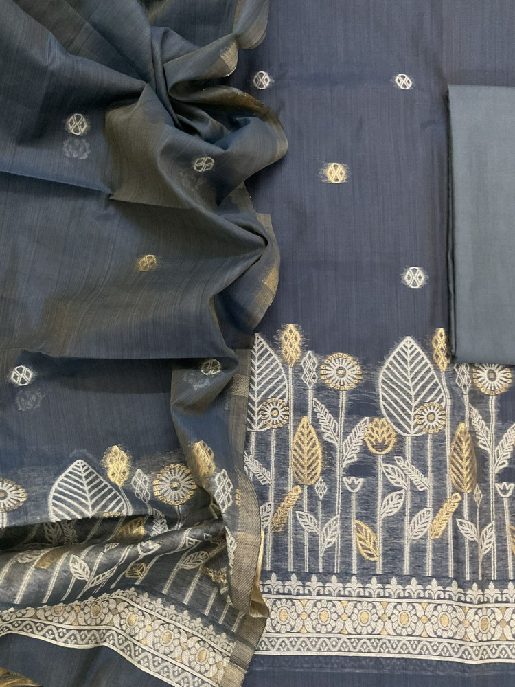 Image of Soft Kora Chanderi Jamdani Weaved Suit - Grey