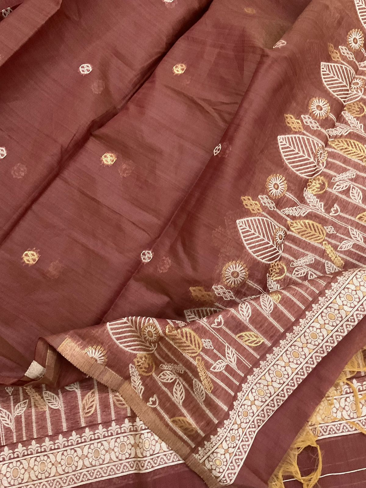 Soft Kora Chanderi Jamdani Weaved Suit - Brown