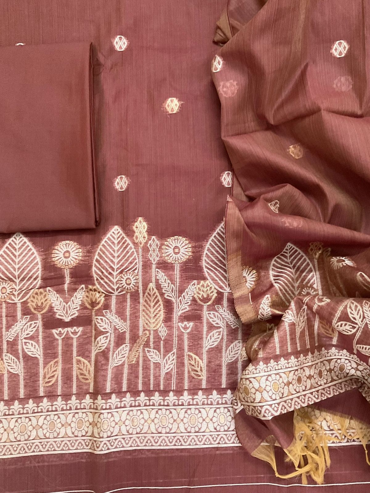 Soft Kora Chanderi Jamdani Weaved Suit - Brown