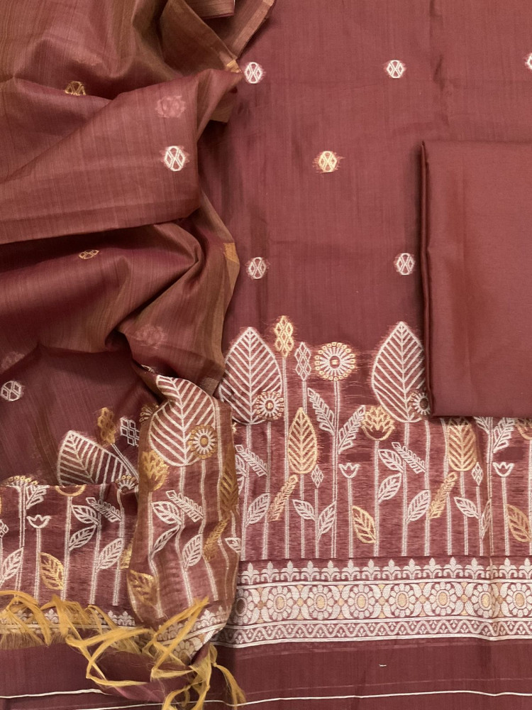 Image of Soft Kora Chanderi Jamdani Weaved Suit - Brown