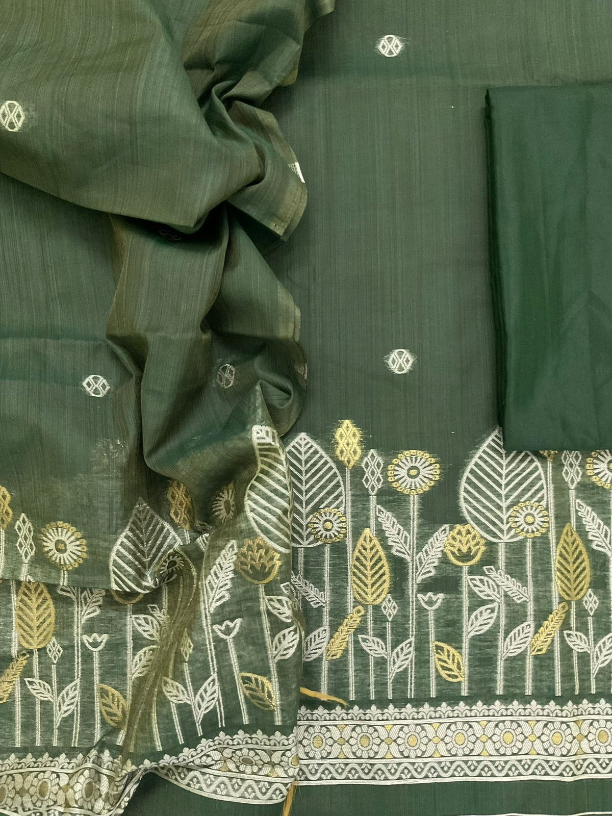 Soft Kora Chanderi Jamdani Weaved Suit - Green