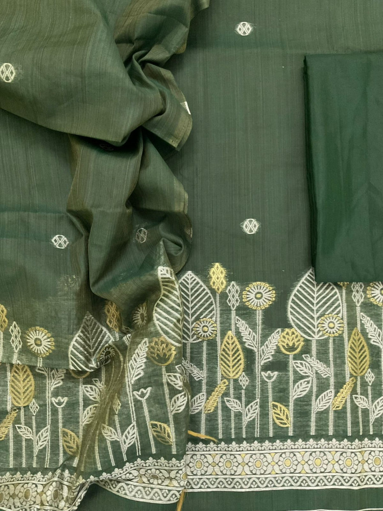 Image of Soft Kora Chanderi Jamdani Weaved Suit - Green