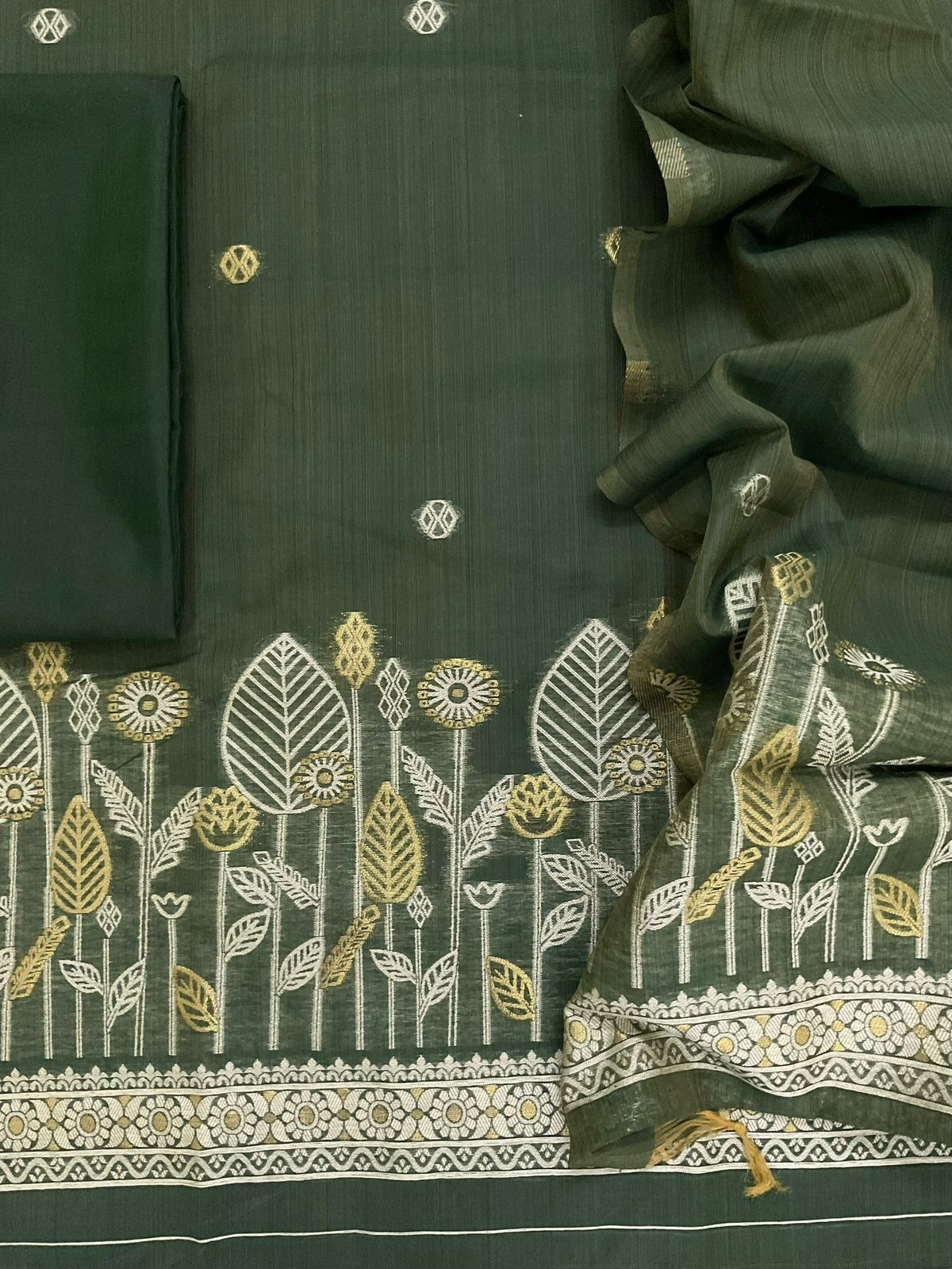 Soft Kora Chanderi Jamdani Weaved Suit - Green