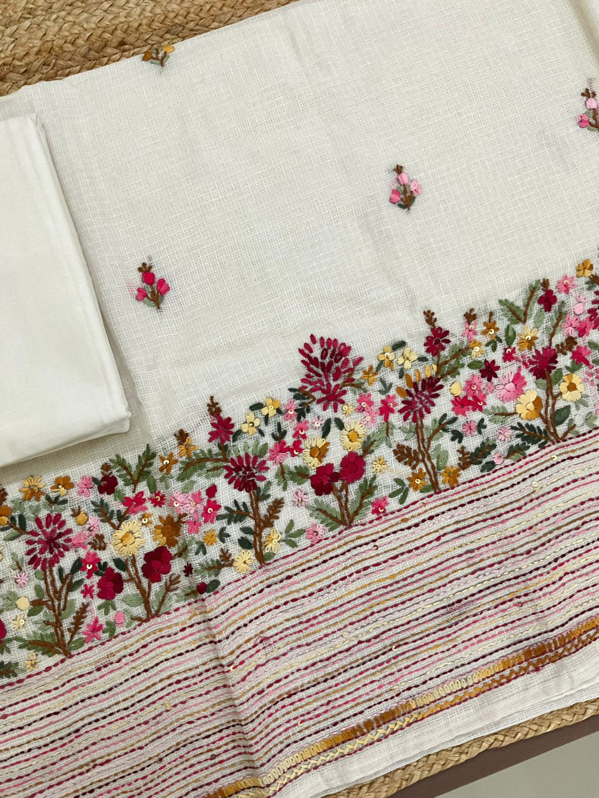 Soft Kota Silk Embroidered Suit - Off White