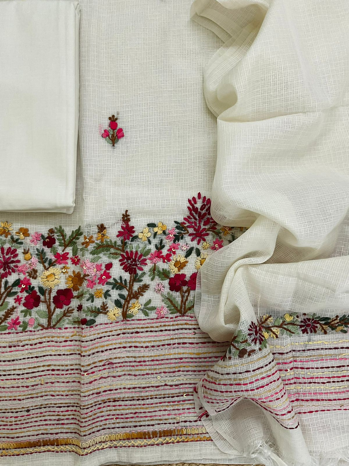 Soft Kota Silk Embroidered Suit - Off White