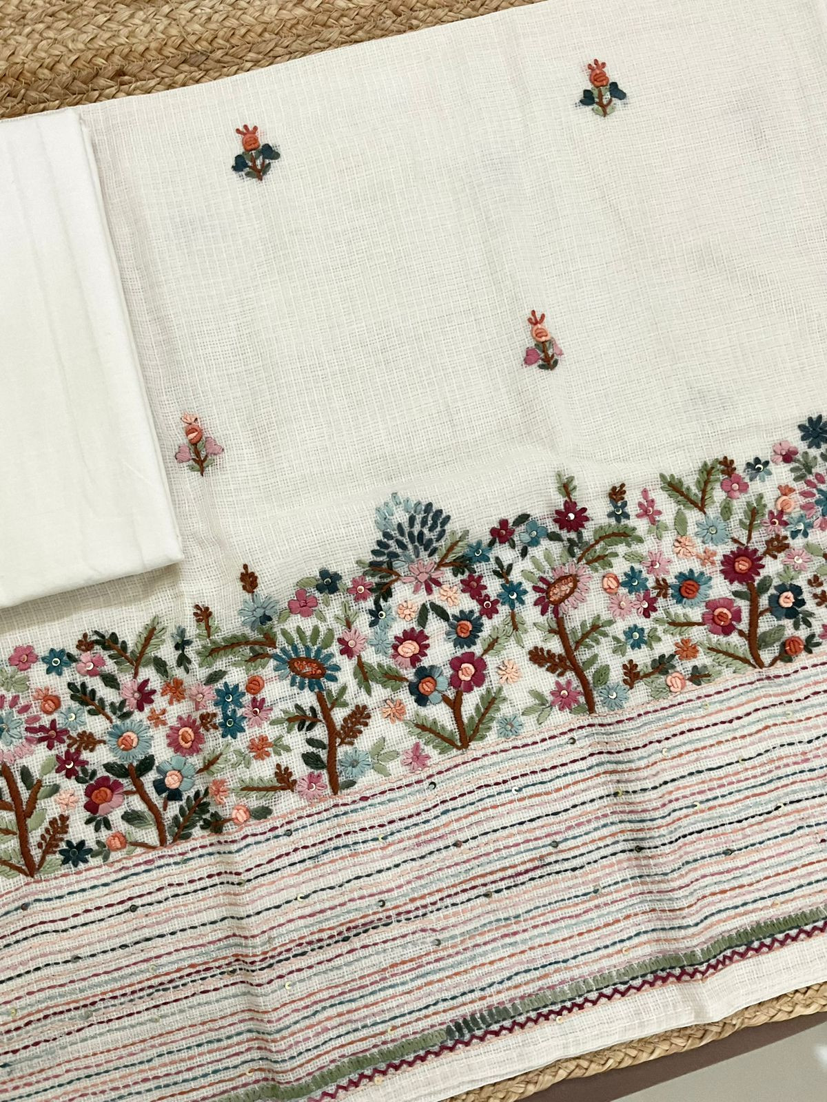 Soft Kota Silk Embroidered Suit - Off White