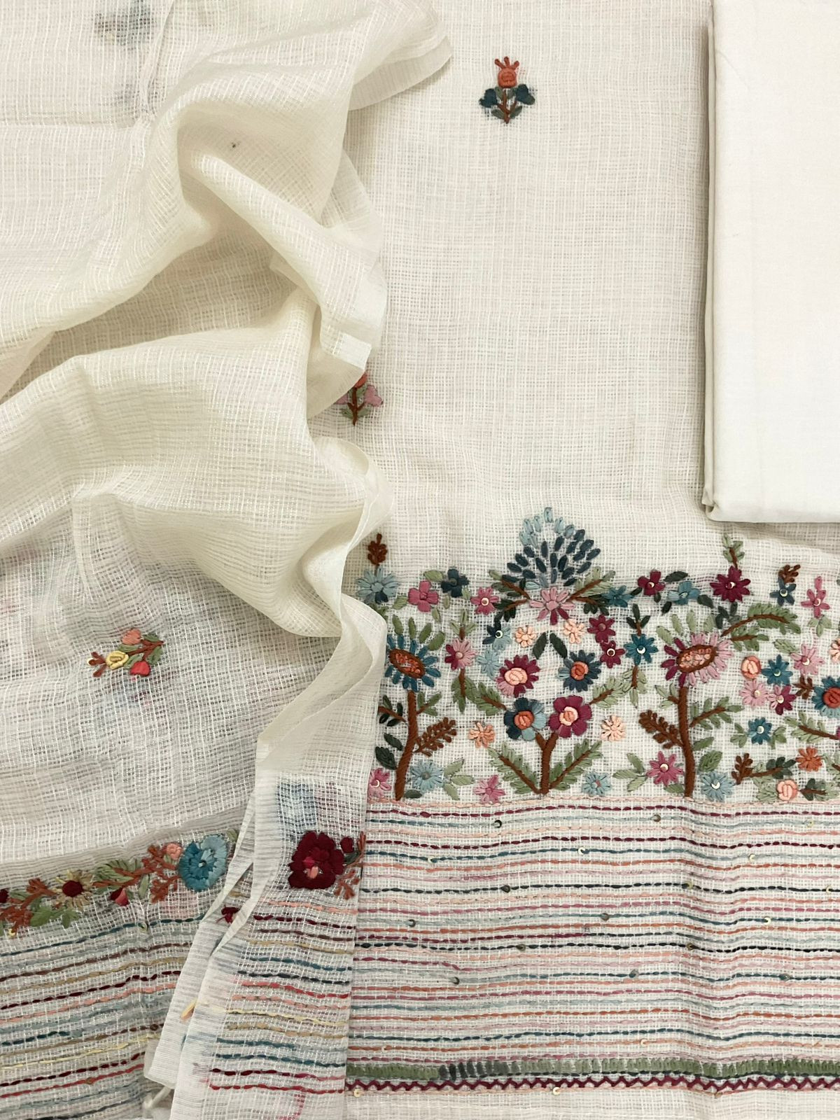 Soft Kota Silk Embroidered Suit - Off White