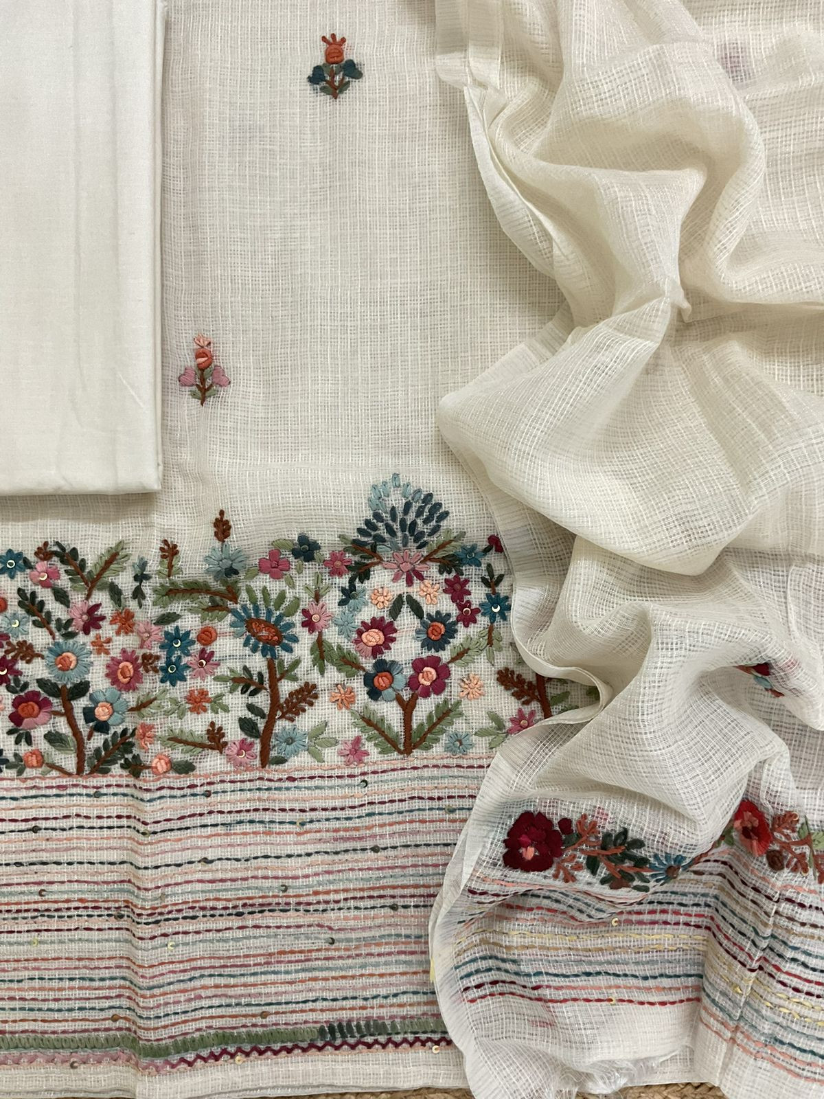 Soft Kota Silk Embroidered Suit - Off White