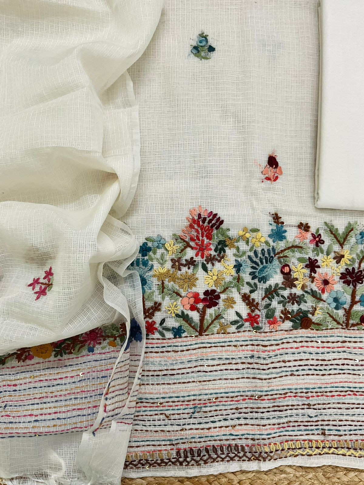 Soft Kota Silk Embroidered Suit - Off White
