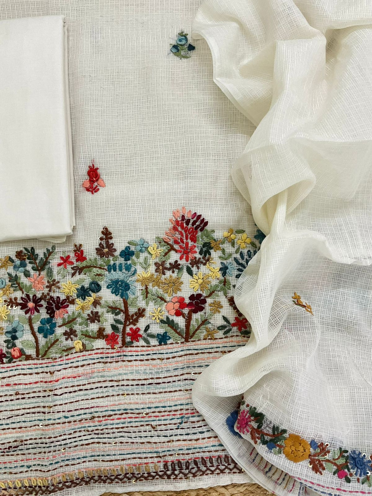 Soft Kota Silk Embroidered Suit - Off White