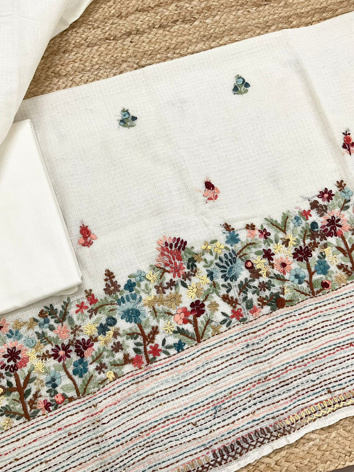 Soft Kota Silk Embroidered Suit - Off White