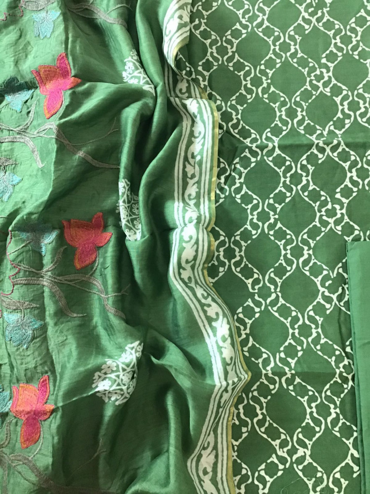 Image of Pure Muslin Printed Embroidered Suit - Green