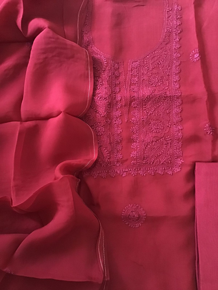 Image of Pure Organza Embroidered Suit - Dark Maroon