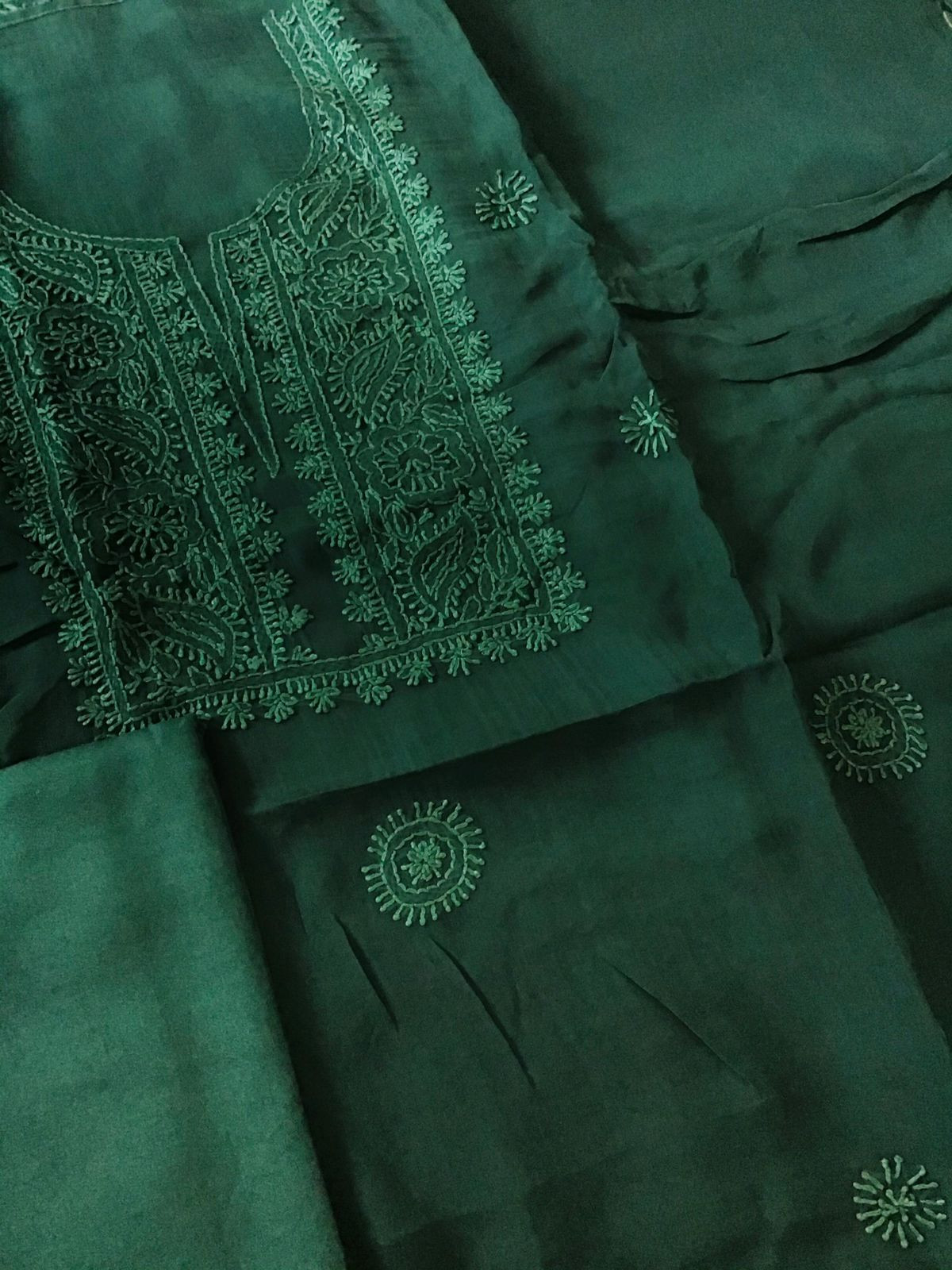 Pure Organza Embroidered Suit - Dark Green
